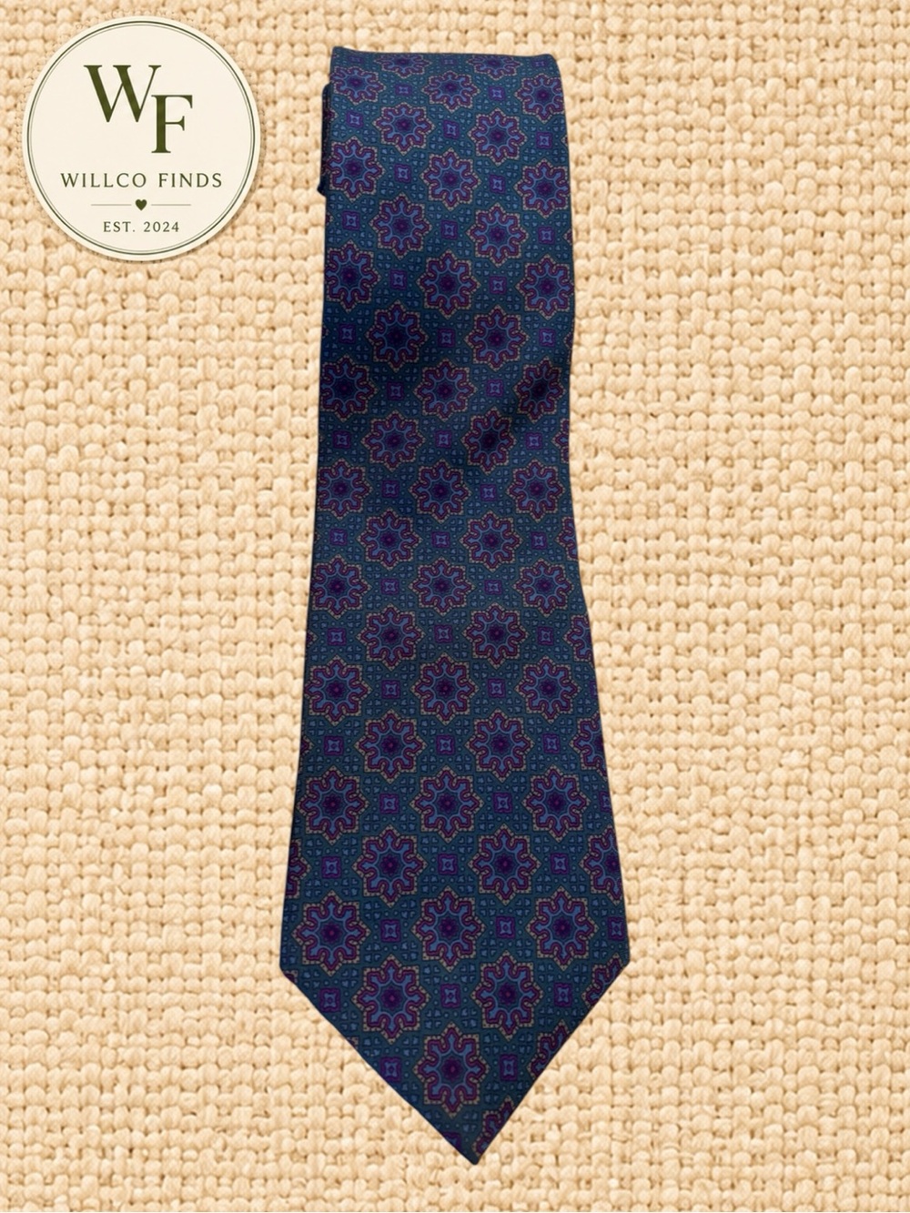 Enro All Silk Men’s Tie Blue Burgundy Geometric Medallion Necktie